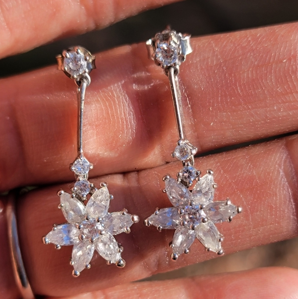 Elegant and beautiful 925 stamped CZ diamond cluster flower dangle earrings